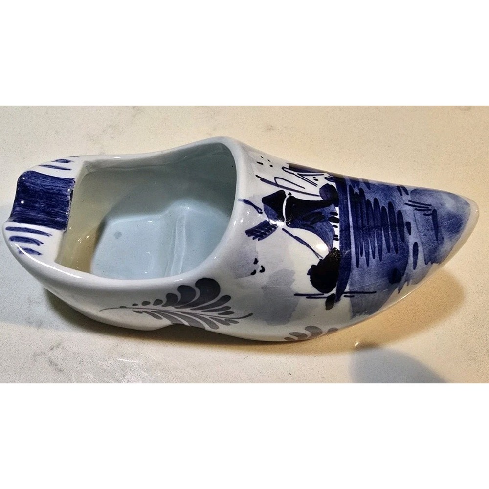 Delft Blue Clog Shoe Figurine Porcelain Windmill House Dutch Ashtray Vintage 5"